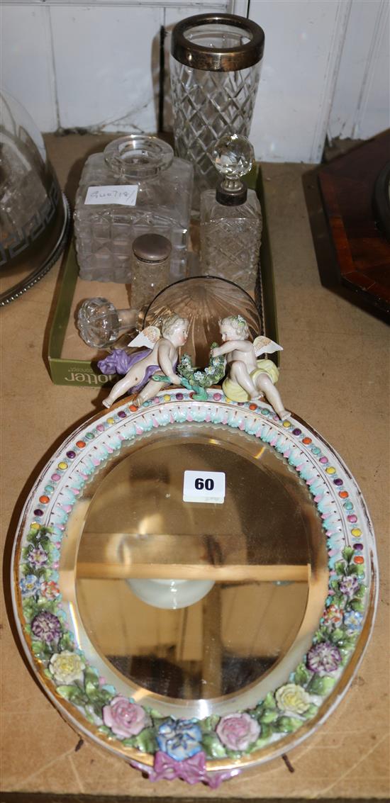 Sitzendorf style mirror, cut glass inkwell etc